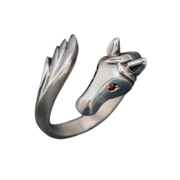 Horse Head and Tail Ring with Diamond Eyes sterling silver