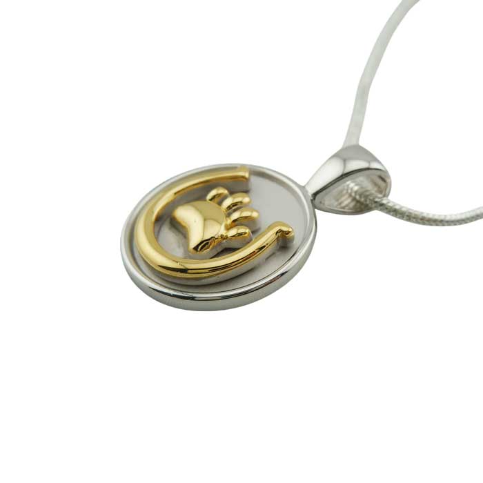 Horseshoe and Paw Print Pendant Necklace, 18k Gold and Sterling Silver  side view to show depth