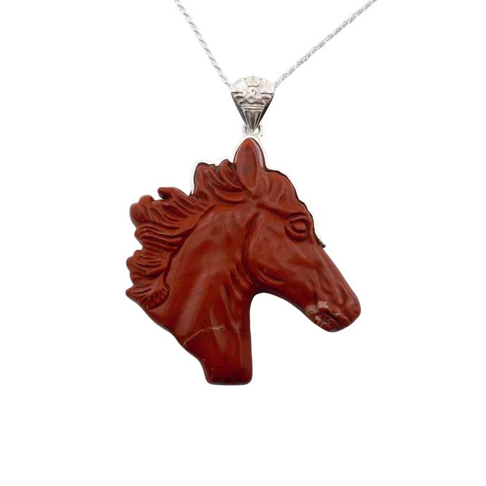 Jasper Carved Horse Head Pendant Necklace capped with Sterling Silver
