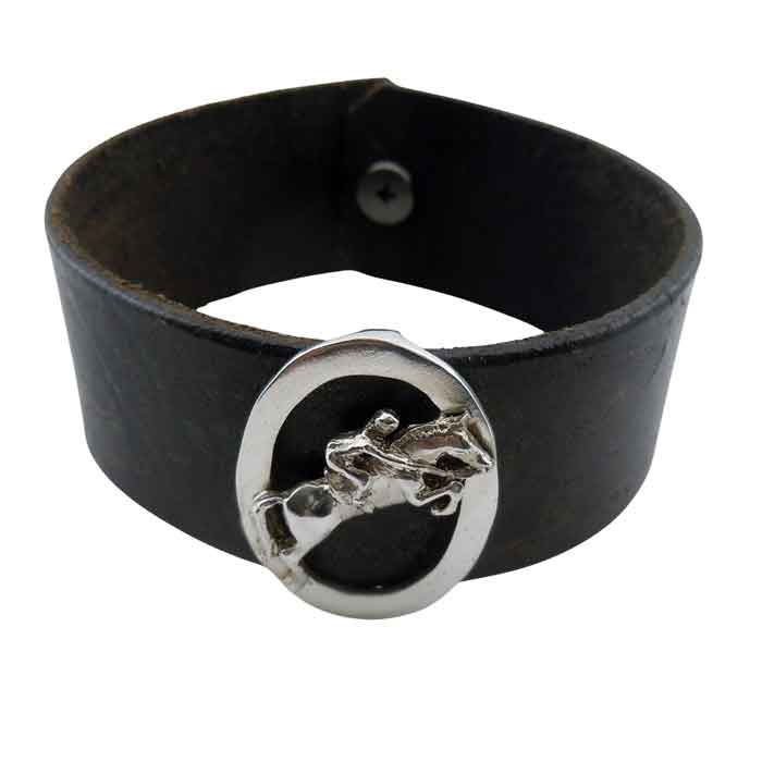 Jumping Horse and Rider on Oval on Leather Bracelet