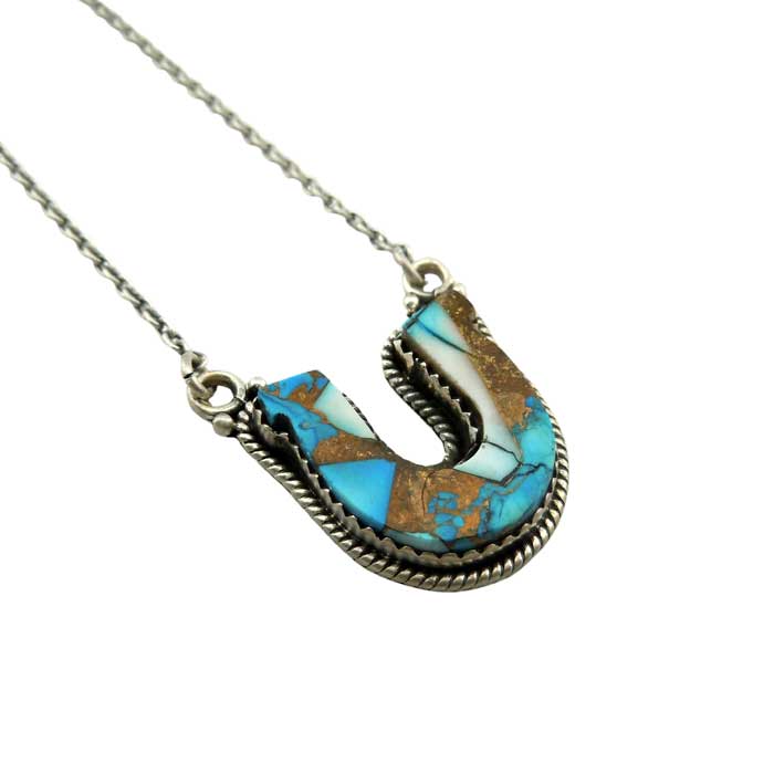Kingman Turquoise Horseshoe Pendant Necklace set in sterling silver