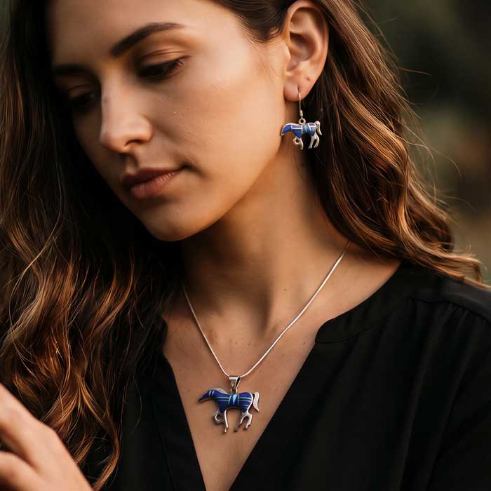 Lapis Inlay Horse Pendant Necklace and Earring Set show on horse lover