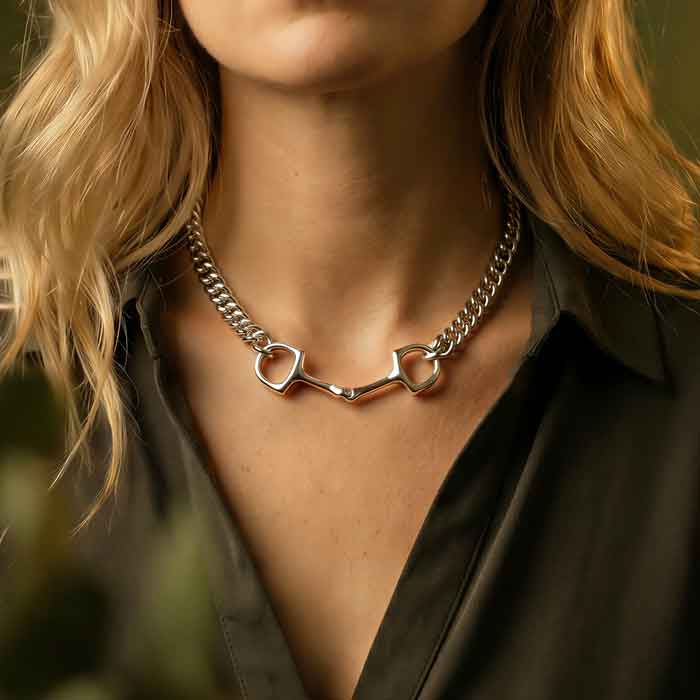 Snaffle Horse Bit and Curb Chain Necklace sterling silver shown on neck of horse lover