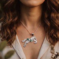 Leaping Horse with Turquoise Pendant Necklace in Sterling Silver with stars and lightning bold details shown on neck of horse lover