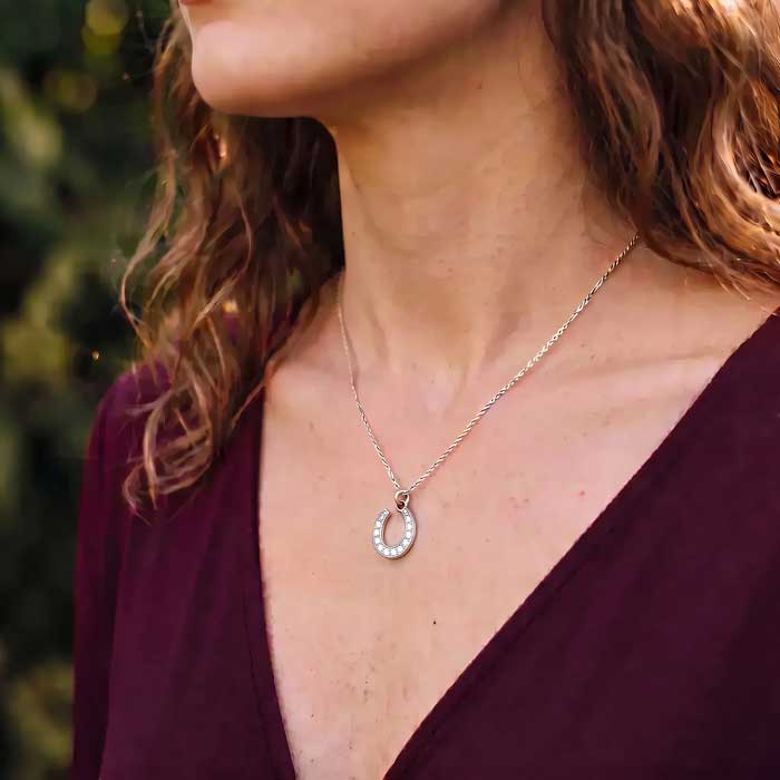 Lucky Little Horseshoe Necklace sterling silver and CZ shown on horse lover