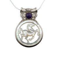 Carved Mother of Pearl Dancing Horse Pendant set in sterling silver with amehyst accent
