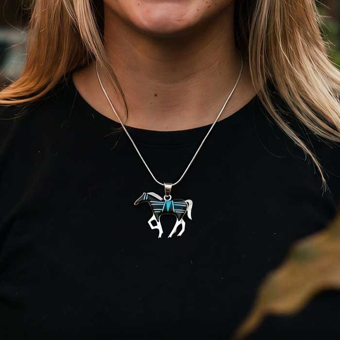 Onyx and Opal Inlay horse pendant necklace set in sterling silver on chain shown on horse lover
