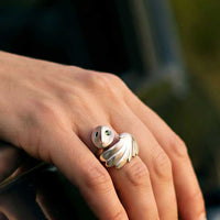 Owl Ring Sterling Silver with Gemstone Eyes  shown on hand