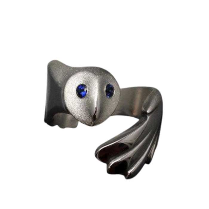 Owl Ring Sterling Silver with Gemstone Eyes  blue sapphire