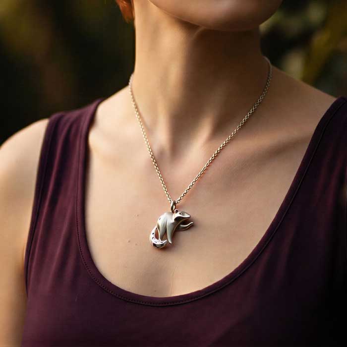 Raccoon Pendant Necklace Sterling Silver  shown on woman
