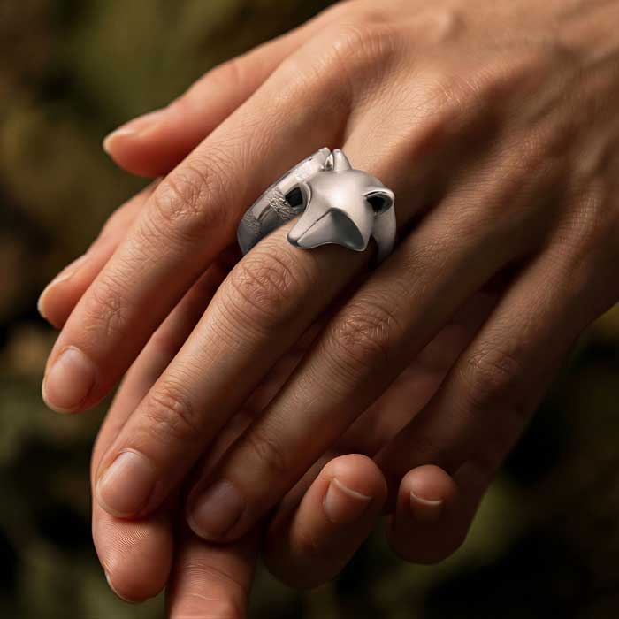 Raccoon ring sterling silver shown on hand