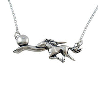 Sterling silver necklace featuring a stylized horse with a cloud and moon motif, on an 18-inch chain.