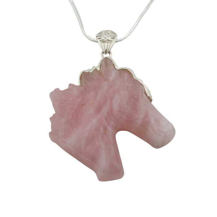 Rose Quartz Carved Horse Head Pendant Necklace with sterling silver bail