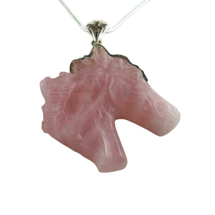 Rose quartz carved horse head pendant necklace with sterling silver bail