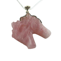 Rose quartz carved horse head pendant necklace with sterling silver bail
