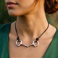 Snaffle Bit or Horse Bit Leather Cord Necklace -sterling silver shown on horse lover
