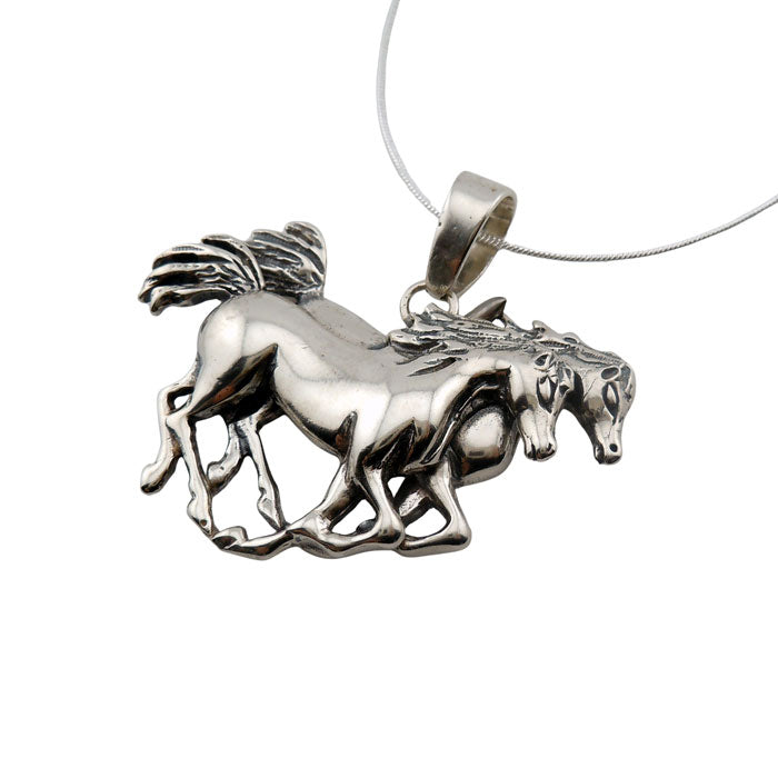Span of Horses Necklace in Sterling Silver. Two horses side by side, stride for stride from an angle