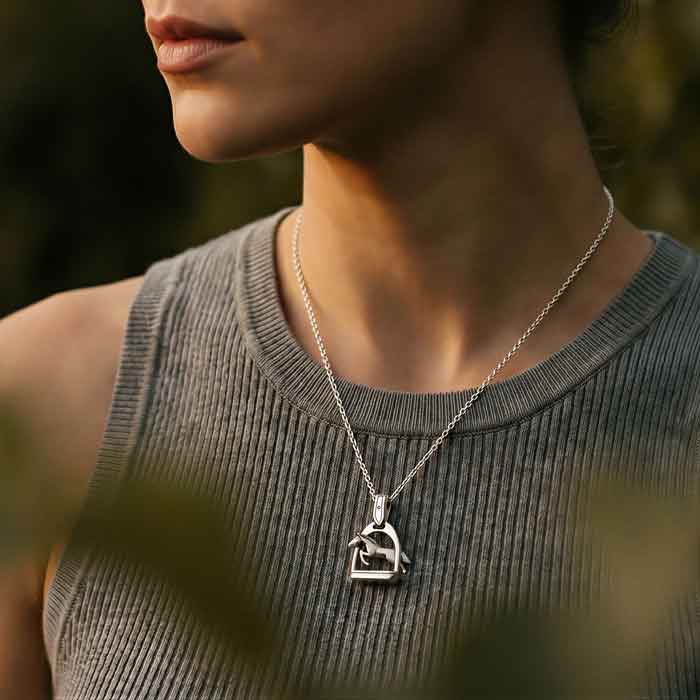 Stirrup Jumper Necklace Sterling Silver  shown on horse lover