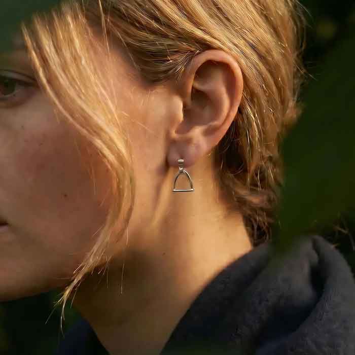 Classic English Stirrup Earrings Sterling Silver shown on horse lover
