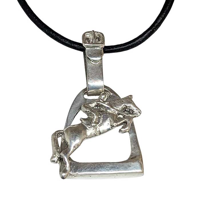 Stirrup with Jumping Horse and Rider in sterling silver on black leather cord