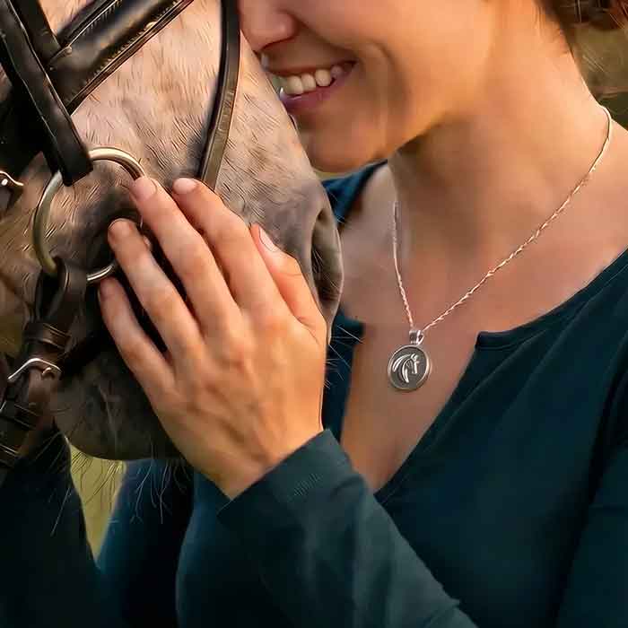 Stylized Horse Head Pendant Necklace sterling silver shown on neck of horse lover