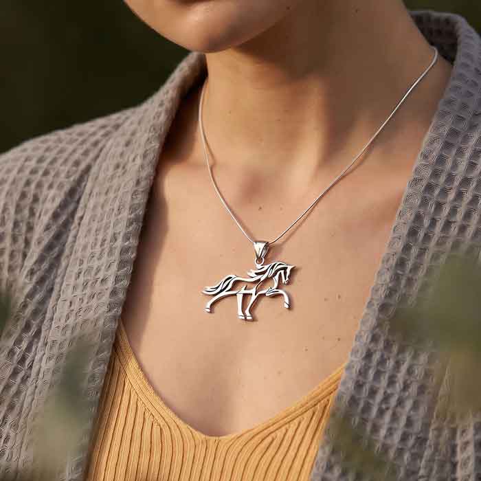 Sun Dancing Horse Necklace  sterling silver shown on horse lover