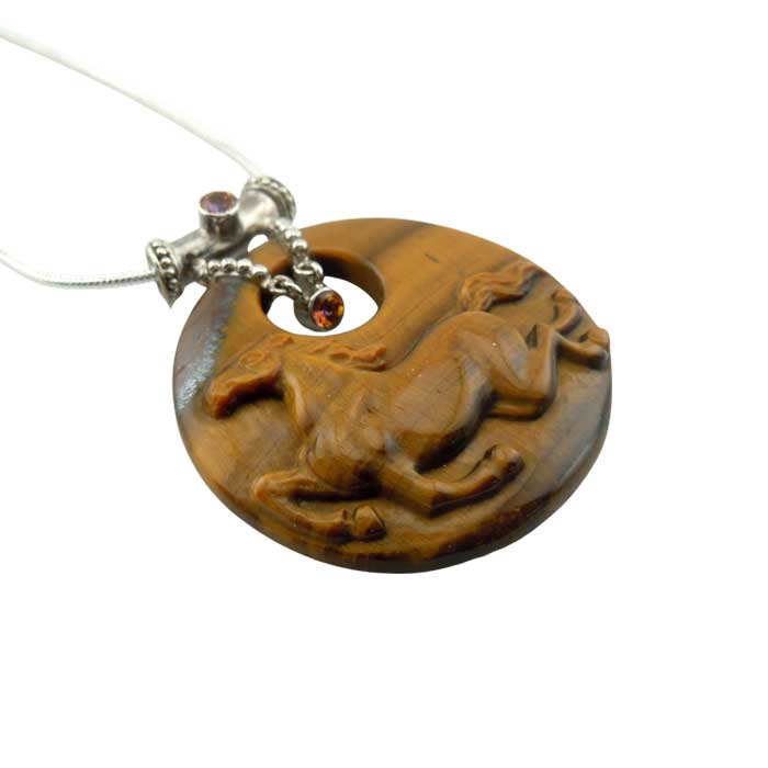 Tiger Eye Carved Carefree  Horse Pendant Necklace
