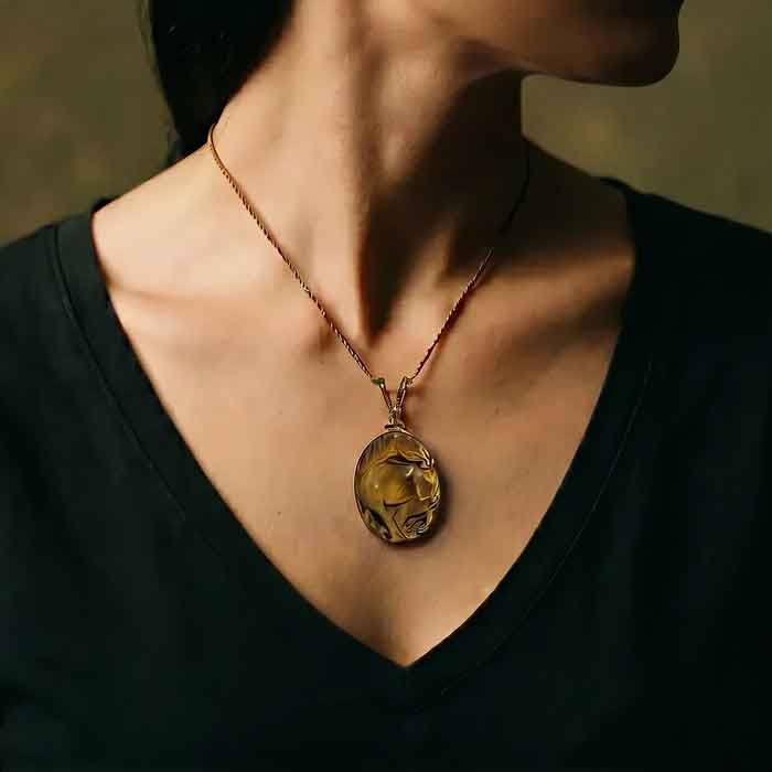 A Tiger Eye gemstone horse pendant necklace with a sterling silver chain and intricate vermeil beadwork. shown on person's neck