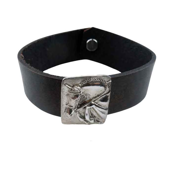 Sterling Silver Jumping Horse on Leather Bracelet