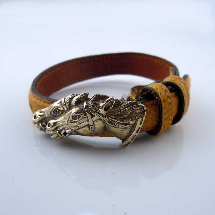 Vintage Vermeil Two Horse Head Clasp on Leather Bracelet
