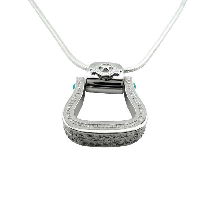 Western Stirrup Pendant Necklace Sterling Silver with turquoise accent shown side to highlight the intricate design that looks like leather tooling