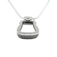 Western Stirrup Pendant Necklace Sterling Silver with turquoise accent shown side to highlight the intricate design that looks like leather tooling