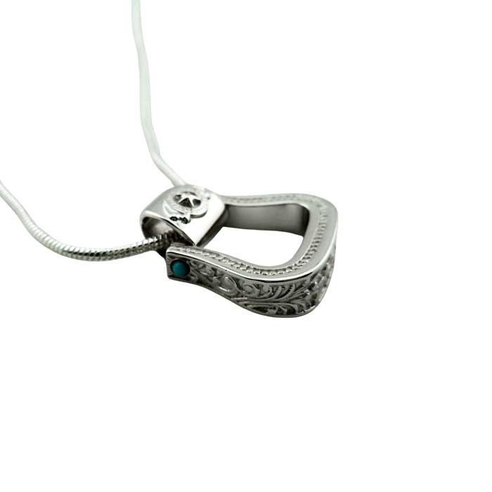 Western Stirrup Pendant Necklace Sterling Silver with turquoise accent shown side to highlight the intricate design that is like leather tooling
