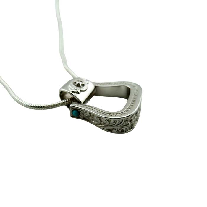 Western Stirrup Pendant Necklace Sterling Silver with turquoise accent side view showing detailing