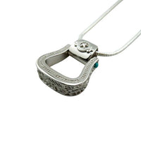 Western Stirrup Pendant Necklace Sterling Silver with turquoise accent shown side to highlight the intricate design
