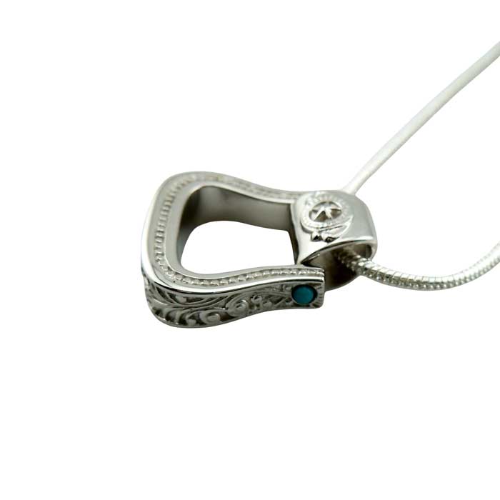 Western Stirrup Pendant Necklace Sterling Silver with turquoise accent side view showing the intricate design that mimicks leather tooling