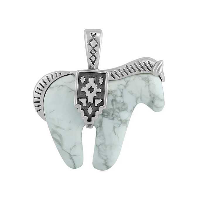 White Howlite Horse Necklace Pendant with decorative Sterling Silver mane and tail and saddle 