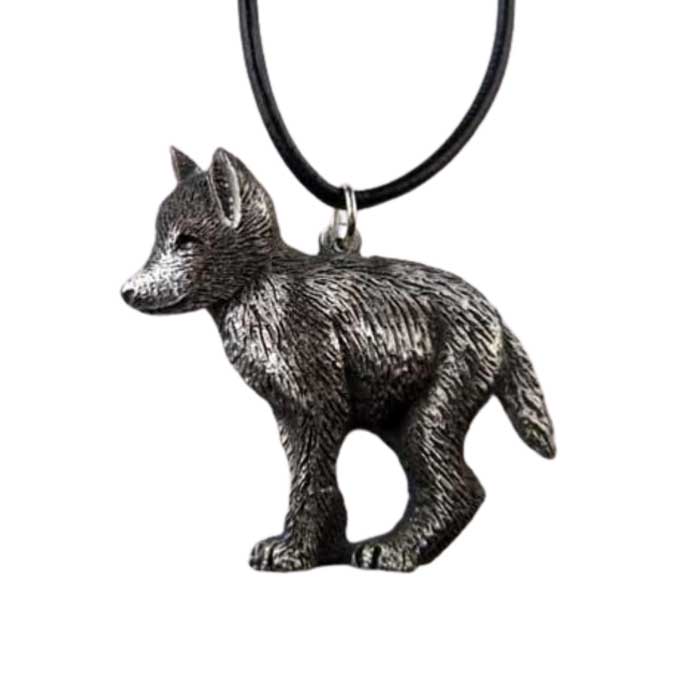Gray Wolf Puppy Pendant Necklace in Pewter 