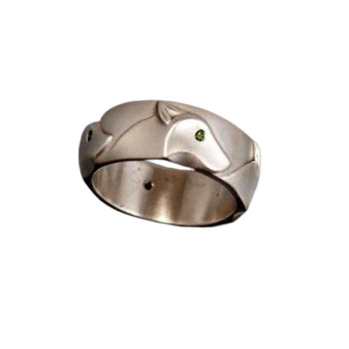 Wolf Head Band Ring with Diamond Eyes - sterling silver