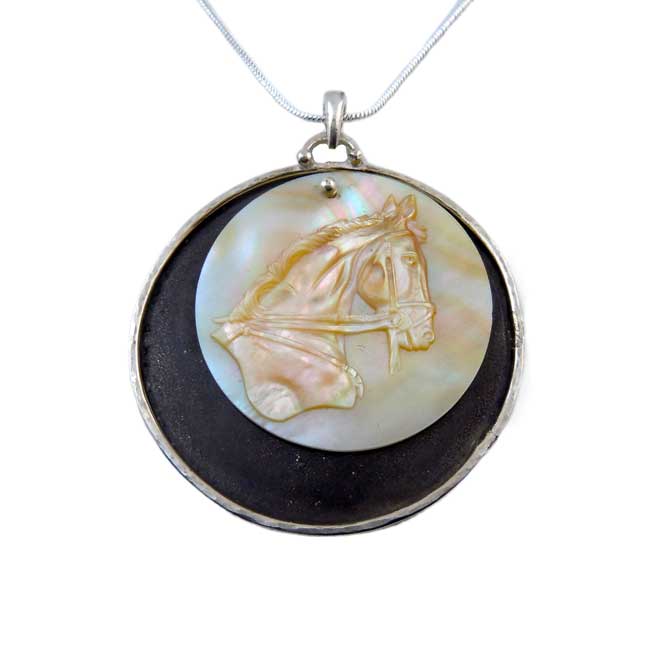 Cavalier Horse Head Carved MOP Pendant Necklace