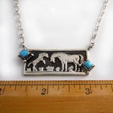 Foal and Mare Playing Bar Necklace Sterling Silver Turquoise