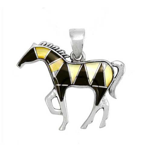 Harlequin Black and Gold Inlay Horse Pendant Necklace