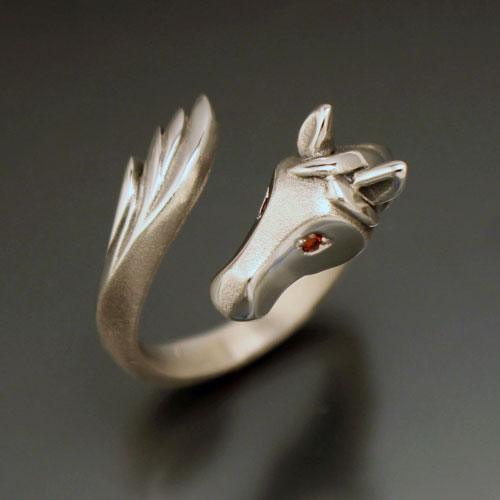Horse Head and Tail Ring with Diamond Eyes - Jamies Horse Jewelry