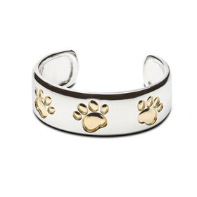 Cuff Bracelet with Paw Prints Sterling Silver and 18k Gold