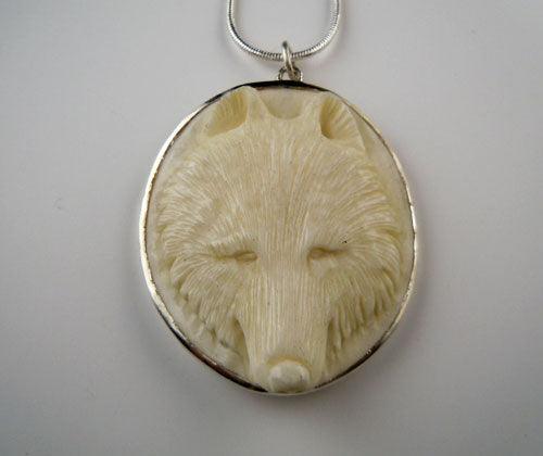 Carved Wolf Head Pendant Necklace