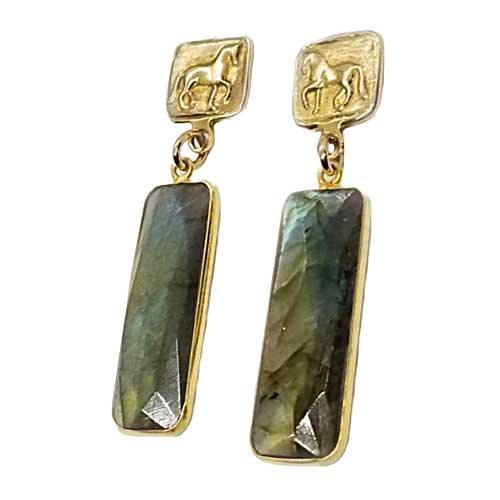 Piaffe Dressage Horse Earrings in Bronze with Gemstone Dangles - Jamies Horse Jewelry