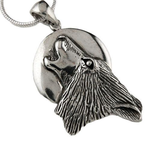 Howling Wolf at Moon Pendant Necklace Sterling Silver - Jamies Horse Jewelry