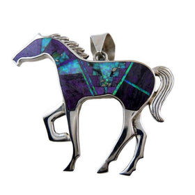 Large Turquoise Inlay Horse Pendant Necklace Sterling Silver