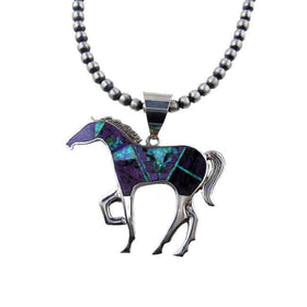 Large Turquoise Inlay Horse Pendant Necklace Sterling Silver