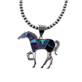 Large Turquoise Inlay Horse Pendant Necklace Sterling Silver